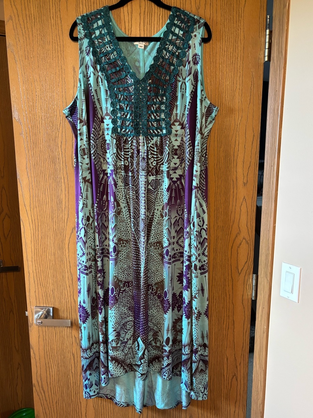 Crochet-Trim V-Neck Maxi Dress in Teal and Purple